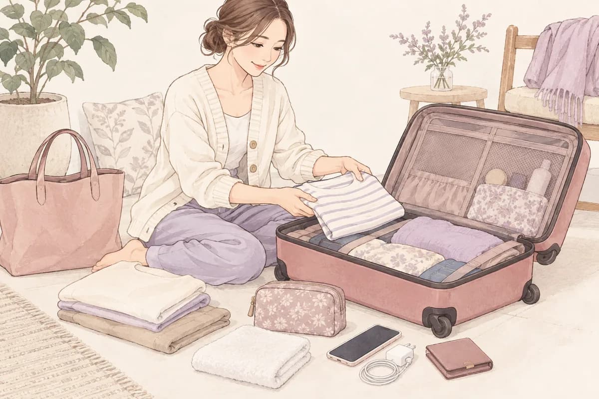 開いたスーツケースのそばで、衣類やポーチ、スマートフォンを準備する成人女性のイラスト